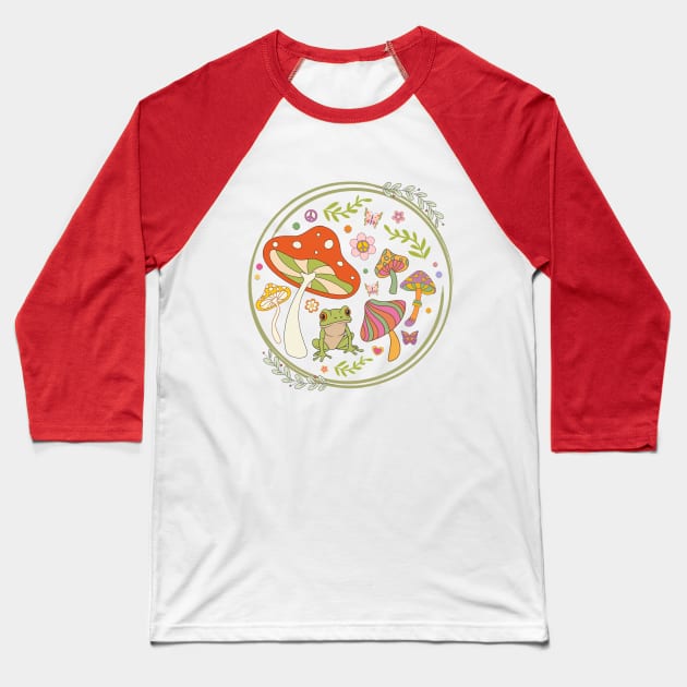 Retro Frog and Mushrooms Baseball T-Shirt by MitGlück